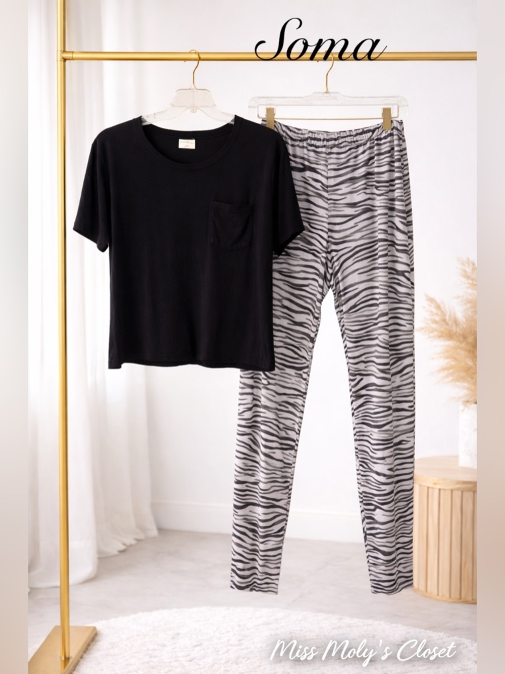 Soma Lounge Set XL Black Top Zebra Pants Soft Stretch Comfy